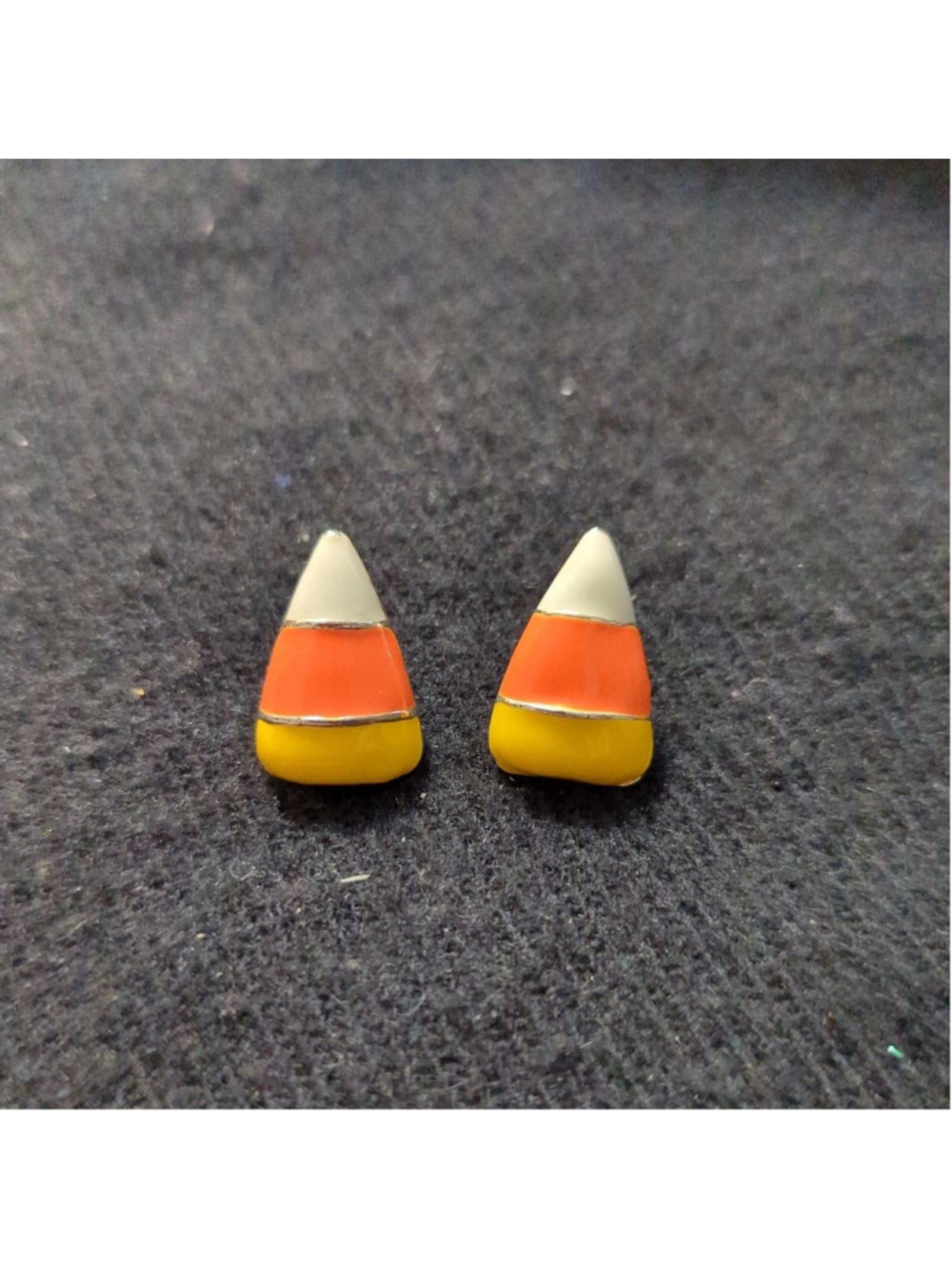 Silver Tone Enamel Orange Yellow White Candy Corn Statement Earrings
